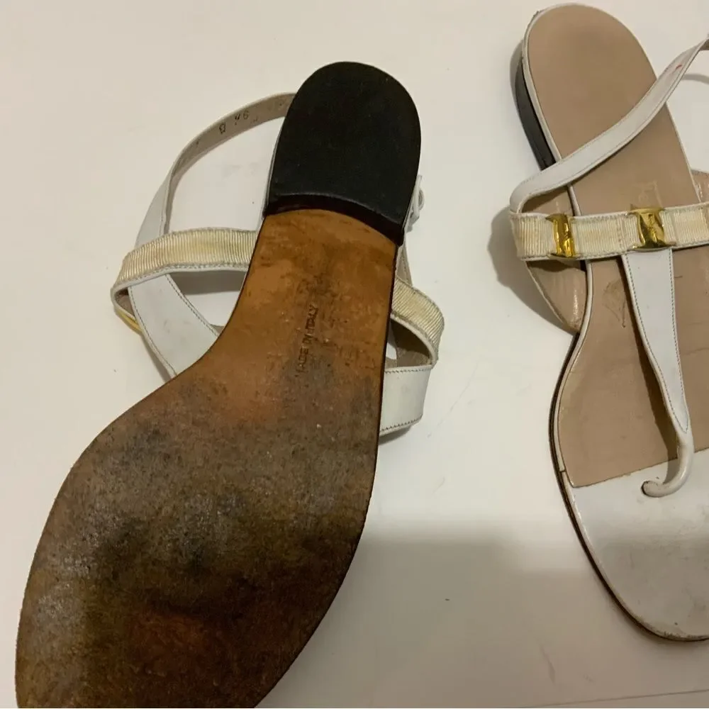 SALVATORE FERRAGAMO Leather Flat Sandals white thong gold accents 9.5 B